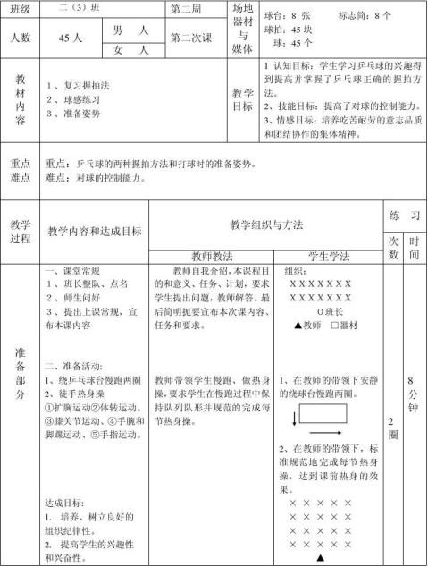 小学乒乓球课教学计划