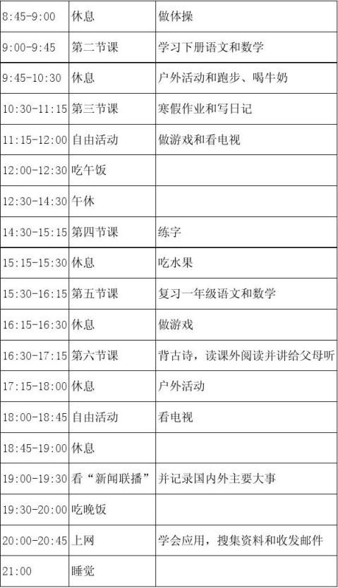 小学一年级暑假学生学习和活动计划