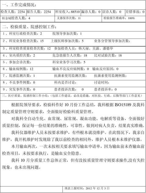 檢驗科工作完成及質控月報表11月