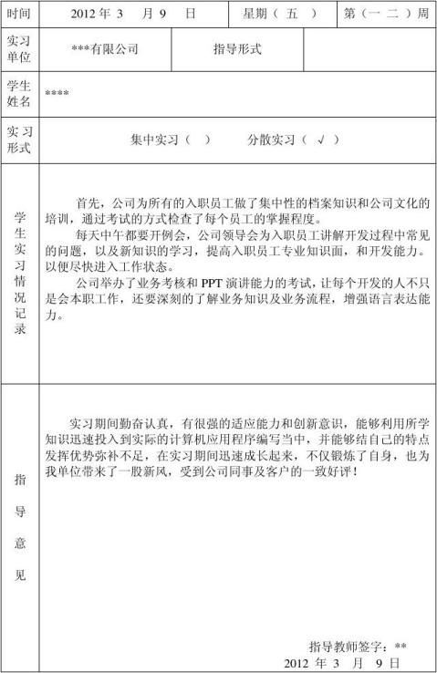 篇一学生顶岗实习记录表