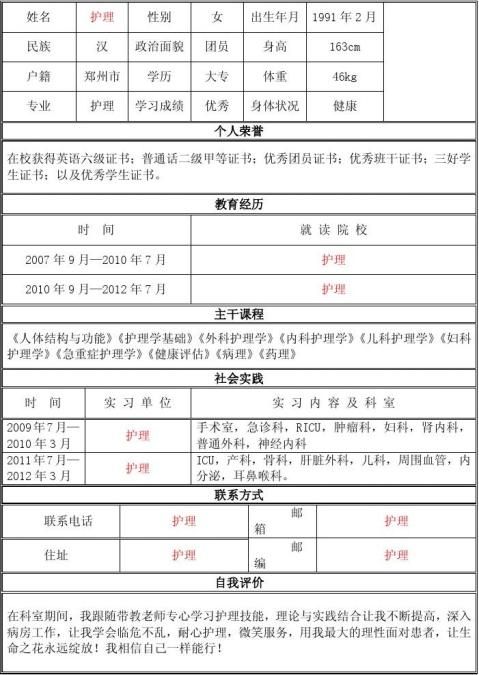 護理專業簡歷模板