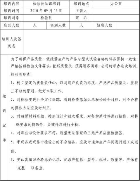 篇一培訓記錄樣本