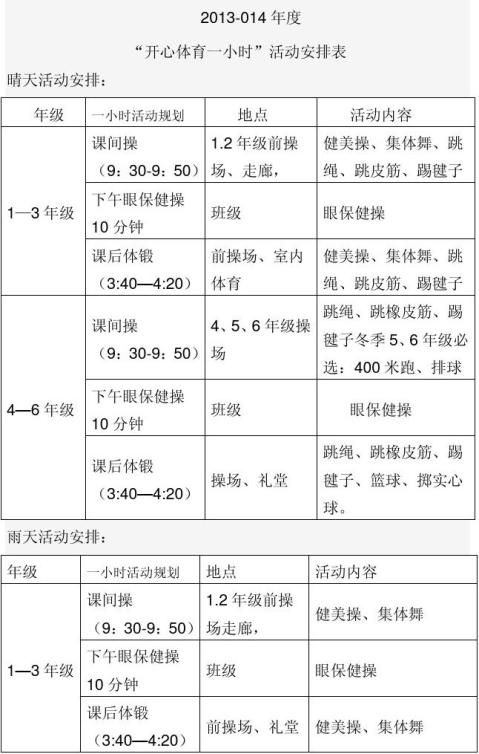 篇二小學生體育鍛煉計劃