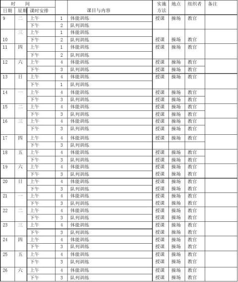 部队月训练计划表图图片